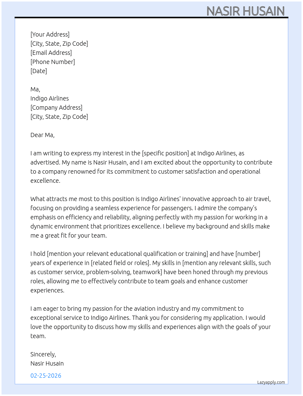 Indigo  At Indigo Airlines  Cover Letter