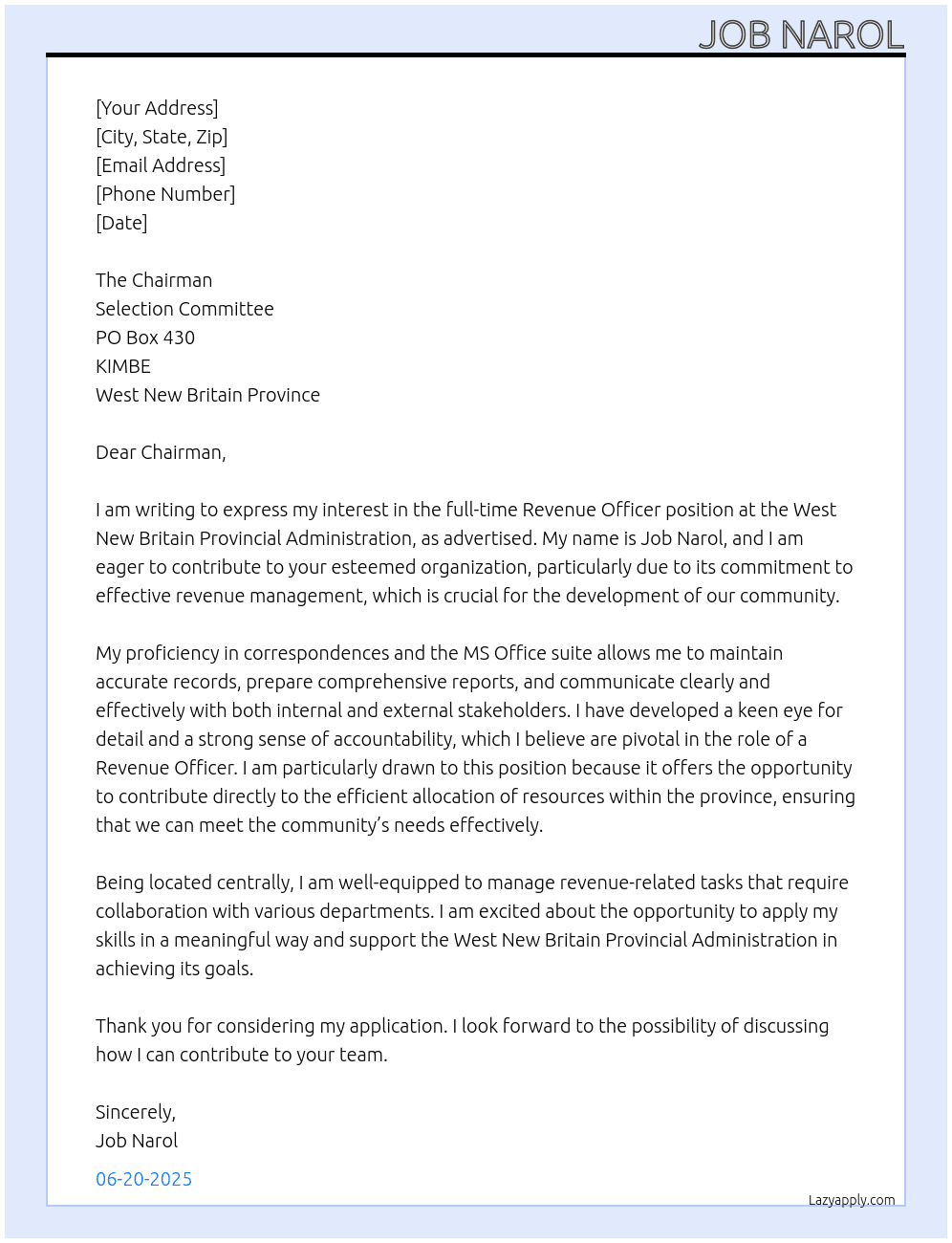 Revenue Officer At West New Britain Provincial Administration Cover Letter