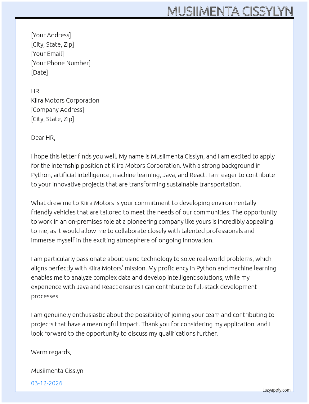 Cover letter for internship - LazyApply