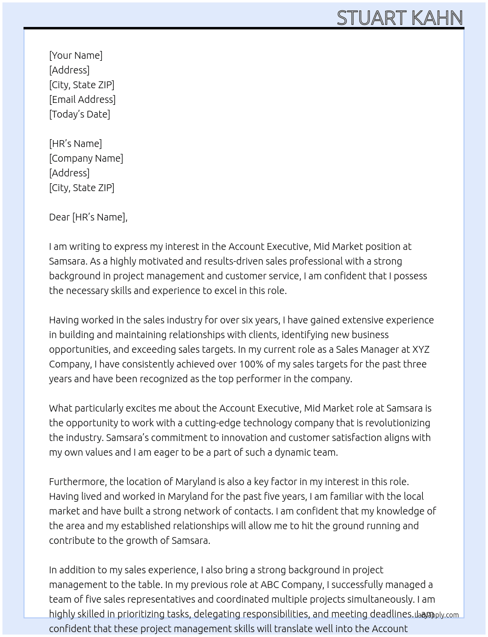 Account Executive, Mid Market At Samsara Cover Letter