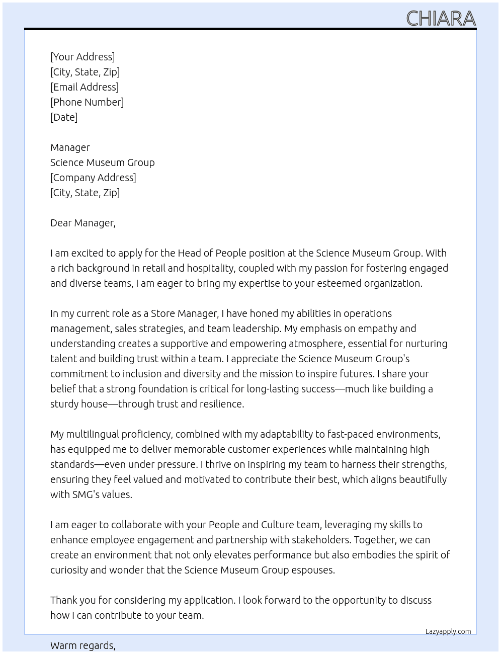 Haed of people At Science museum group Cover Letter