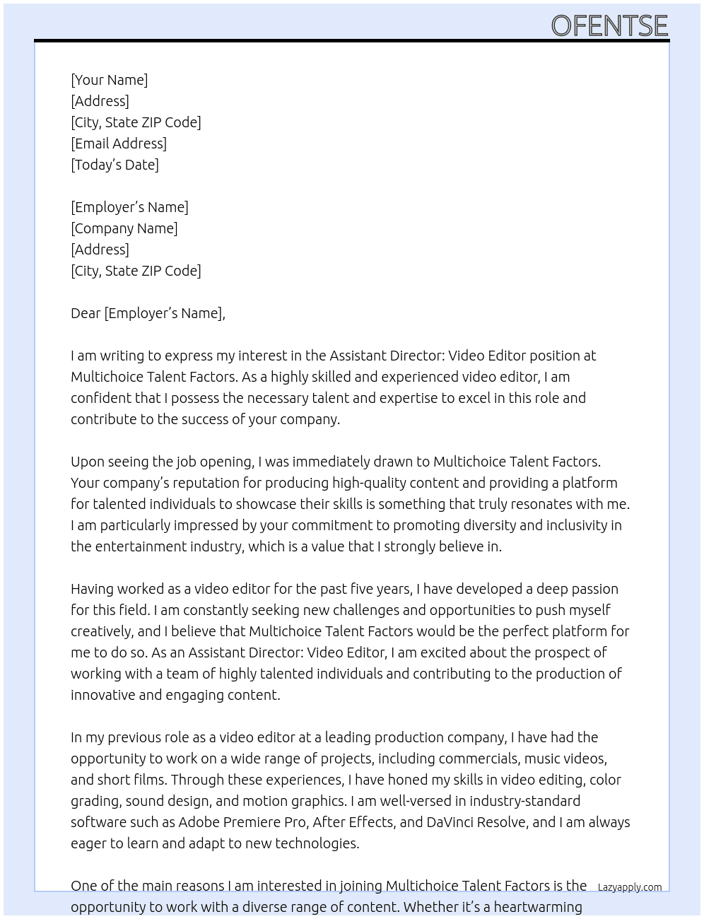 Cover letter for assistant director: video editor - LazyApply
