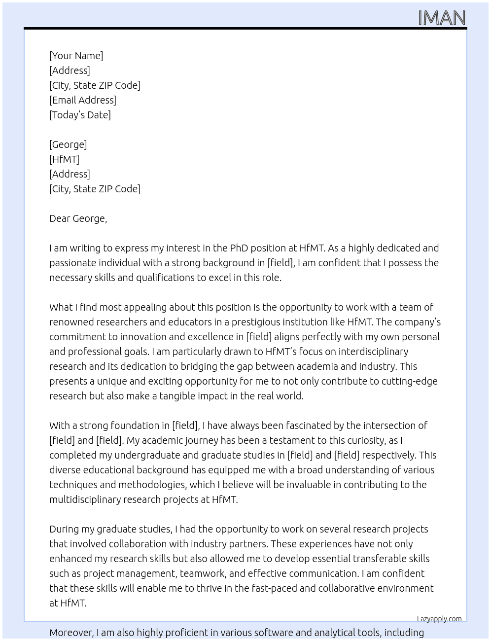 PhD posirion At HfMT  Cover Letter