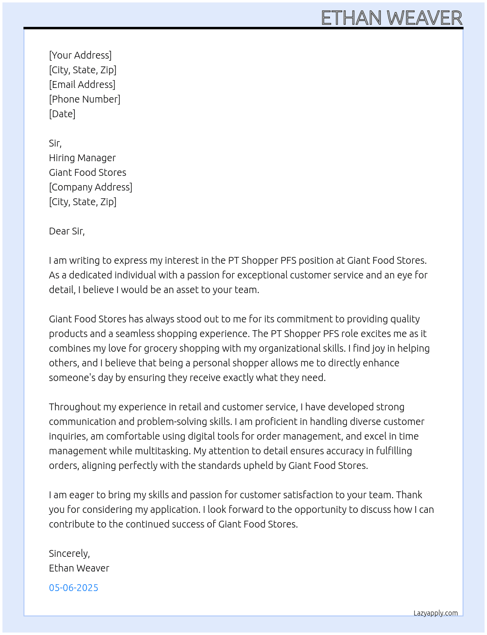 Cover letter for pt shopper pfs - LazyApply