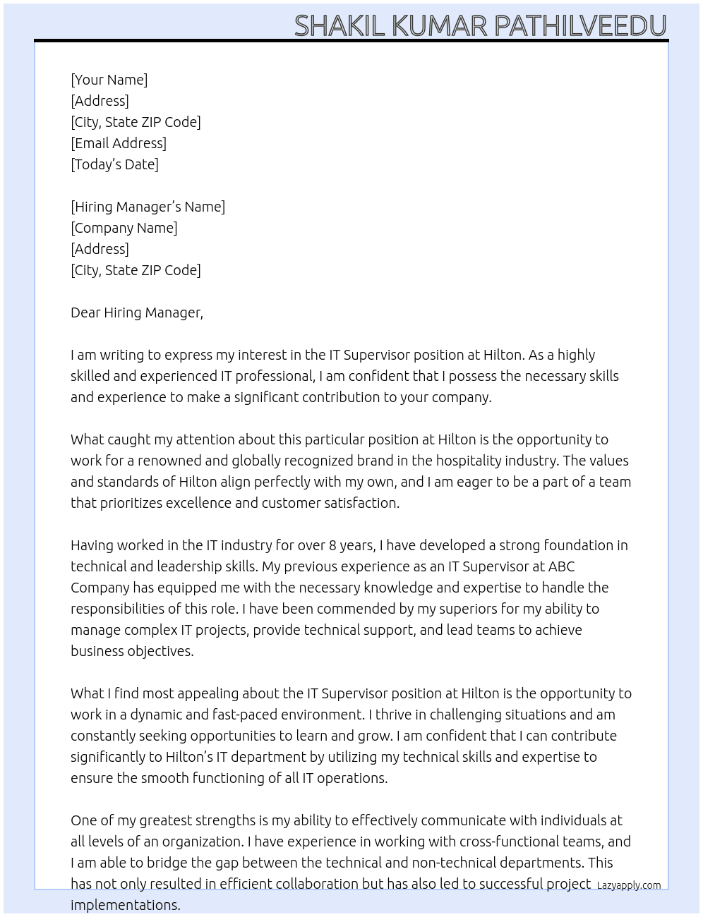 IT Supervisor At Hilton Cover Letter