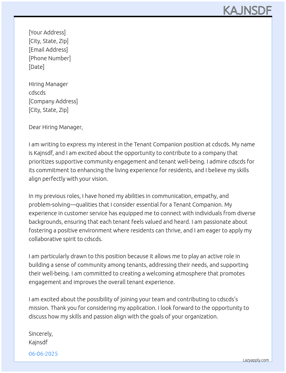 Cover letter for tenant companion - LazyApply