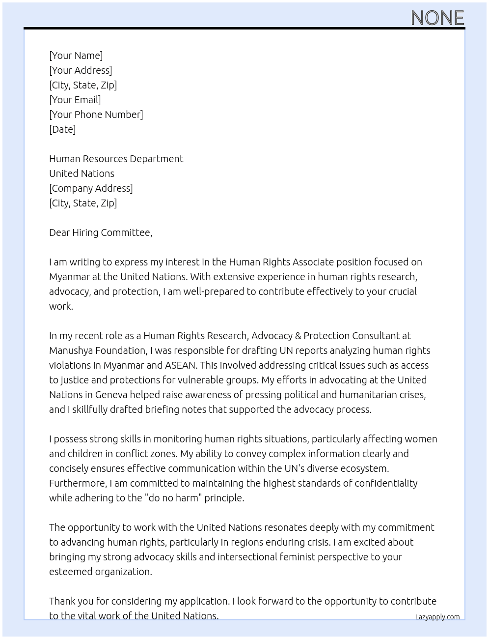 Human Rights Associate Myanmar At United Nations Cover Letter