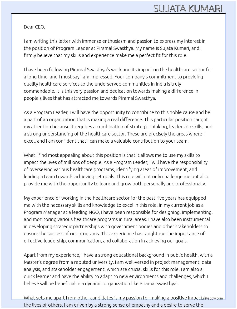 Program leader  At Piramal swasthya  Cover Letter