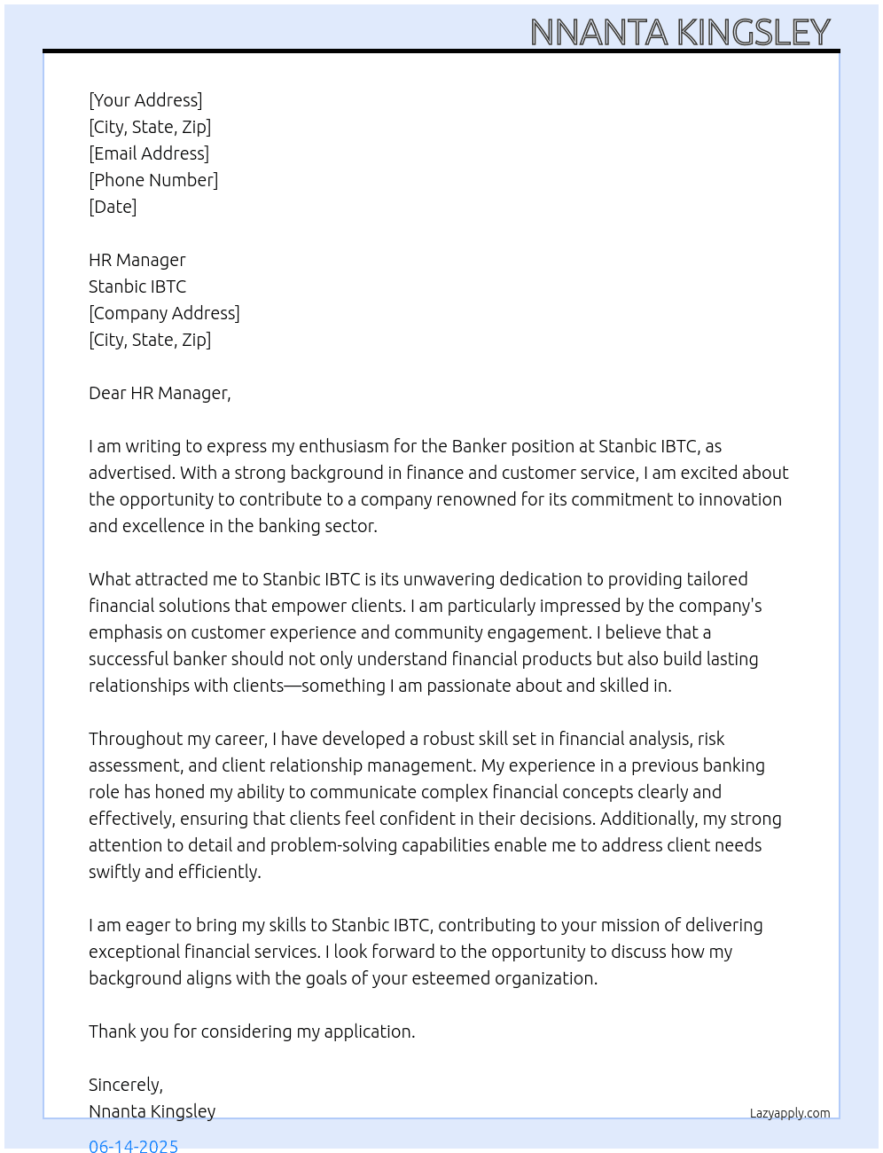 Banker  At Stanbic IBTC  Cover Letter