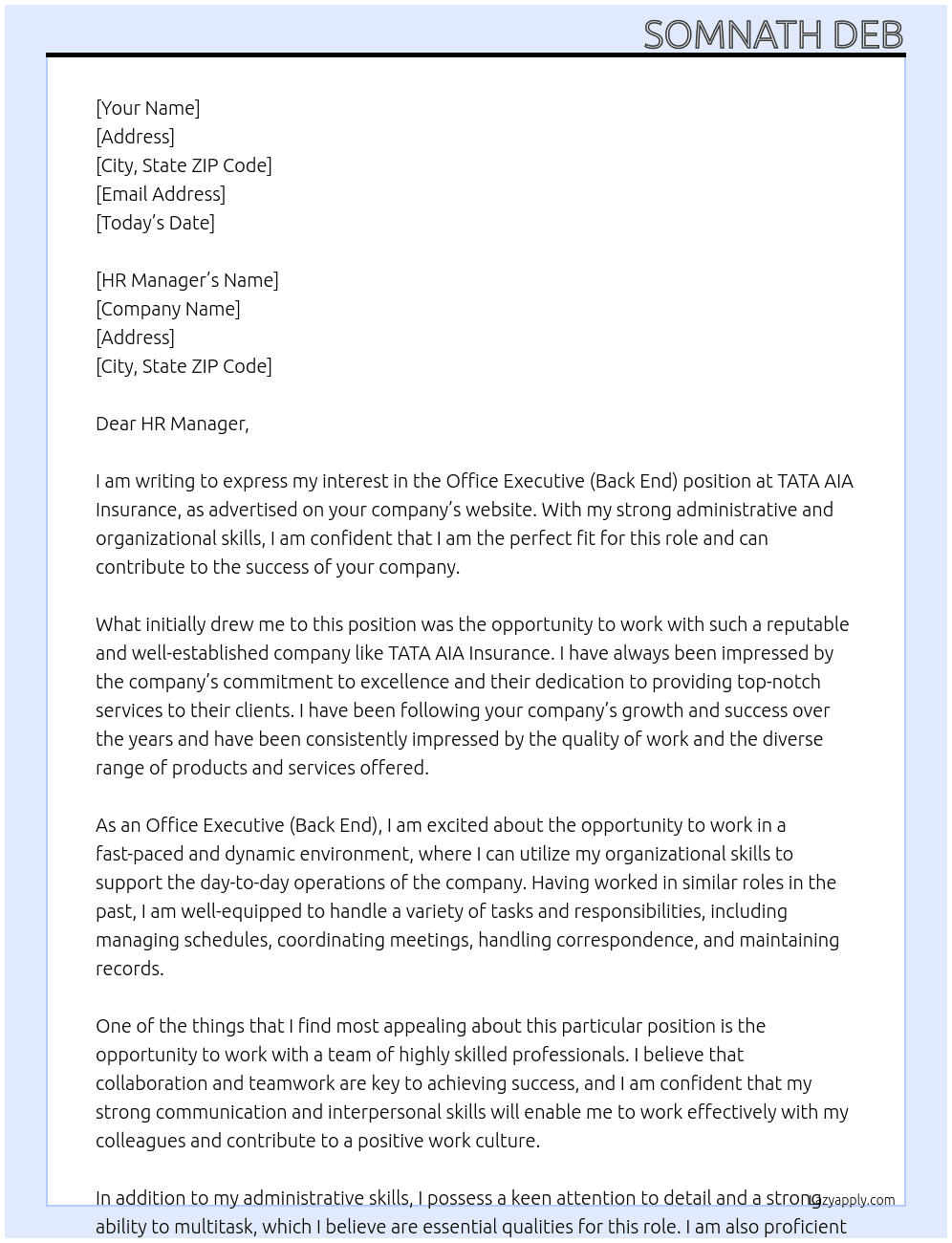 Office Executive (Back End) At TATA AIA Insurance Cover Letter