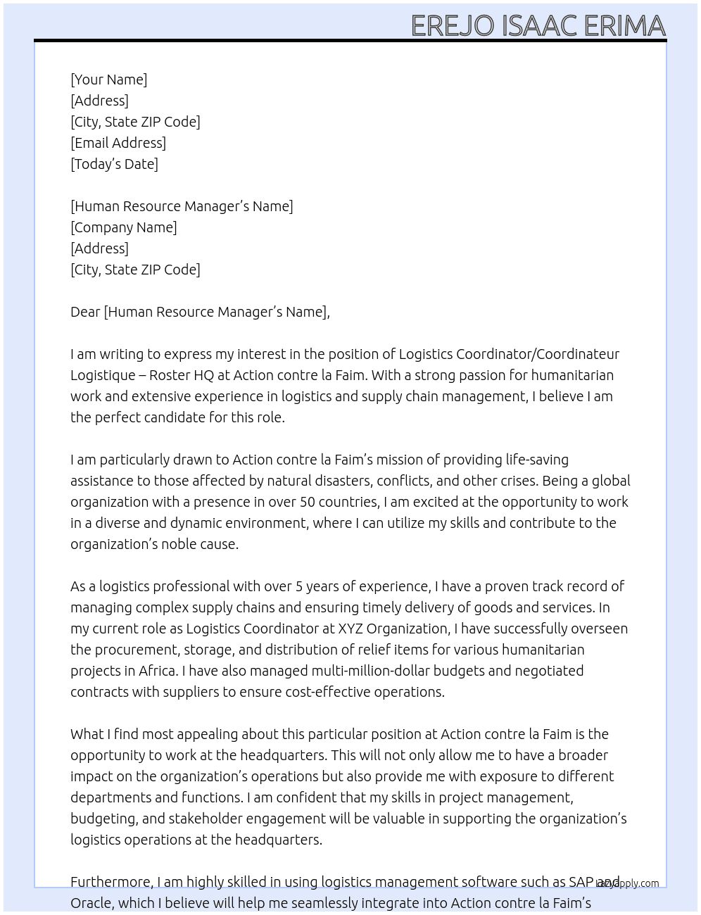 Logistics Coordinator/Coordinateur Logistique - Roster HQ  At Action contre la Faim Cover Letter