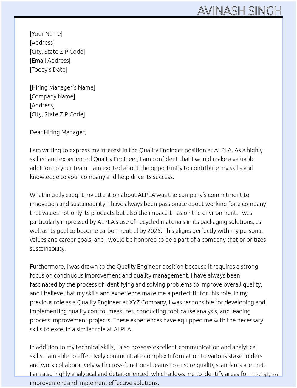 Quality Engineer At ALPLA  Cover Letter