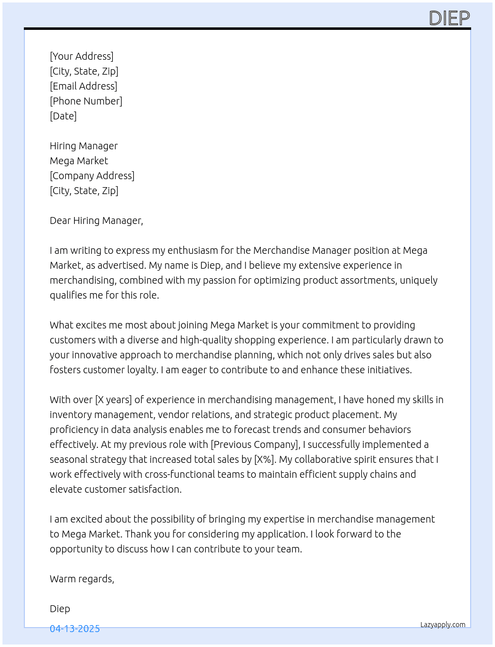 Merchandise manager At Mega Market Cover Letter