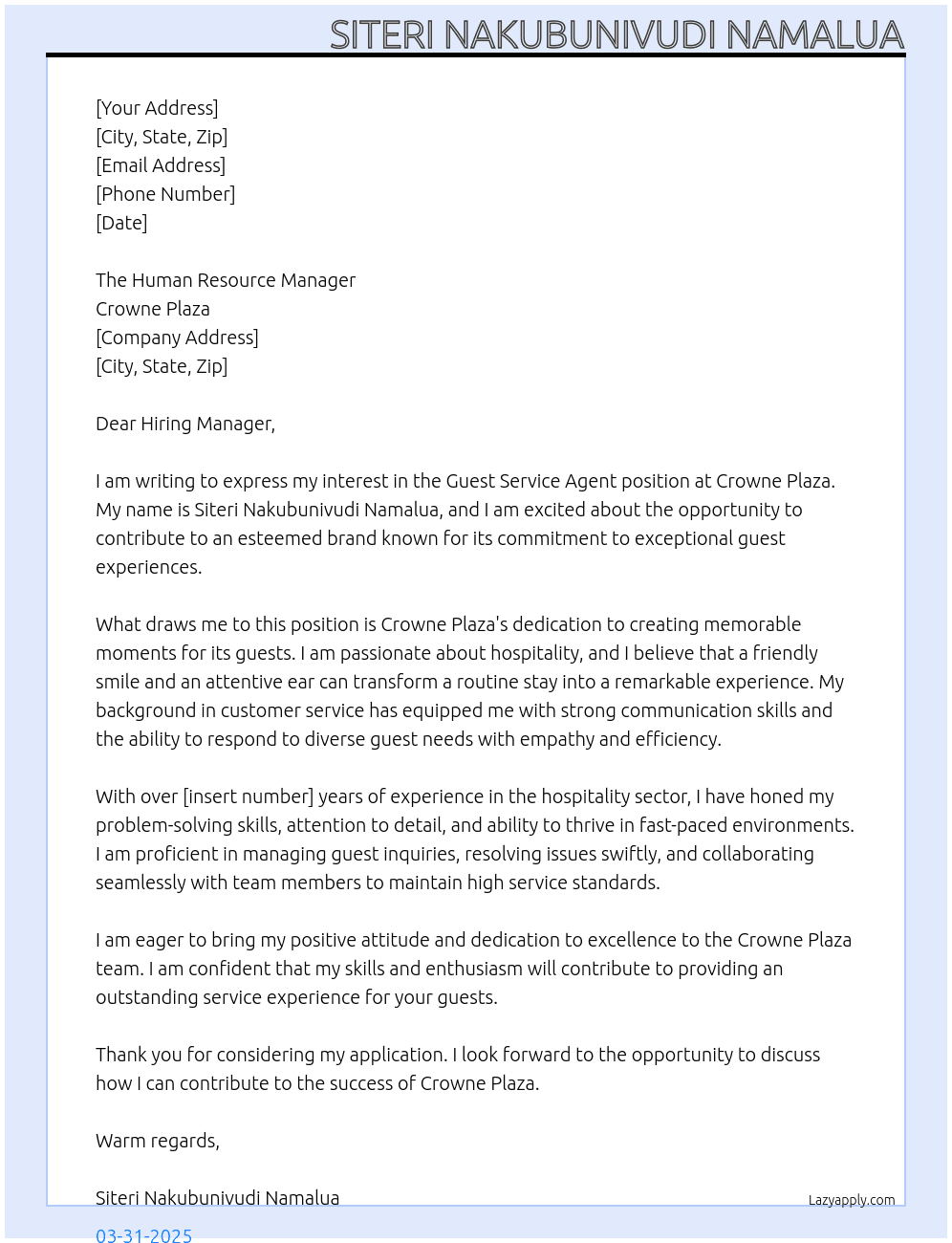 Guest Service Agent At Crowne Plaza Cover Letter
