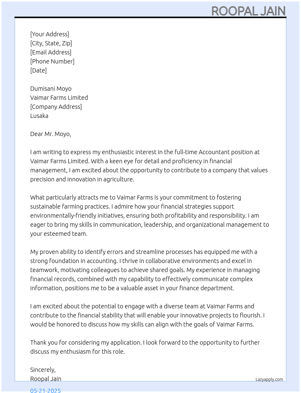 Accountant At Vaimar Farms Limited Cover Letter