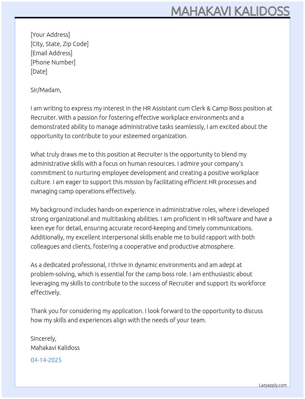 HR assistant cum clerk & camp boss At Recruiter Cover Letter