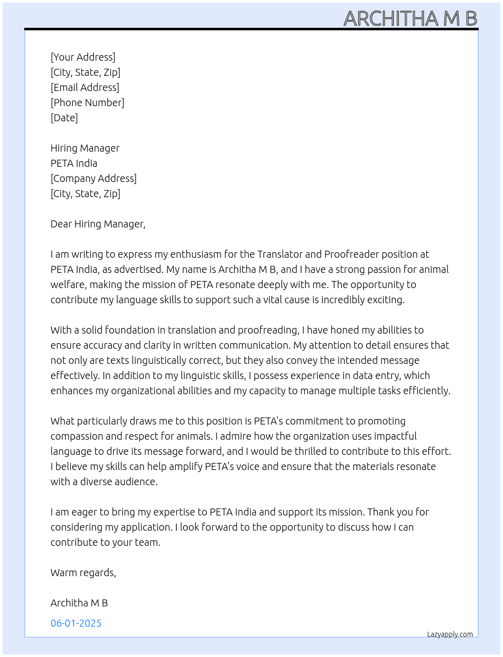 Translator and Proofreader At PETA India Cover Letter
