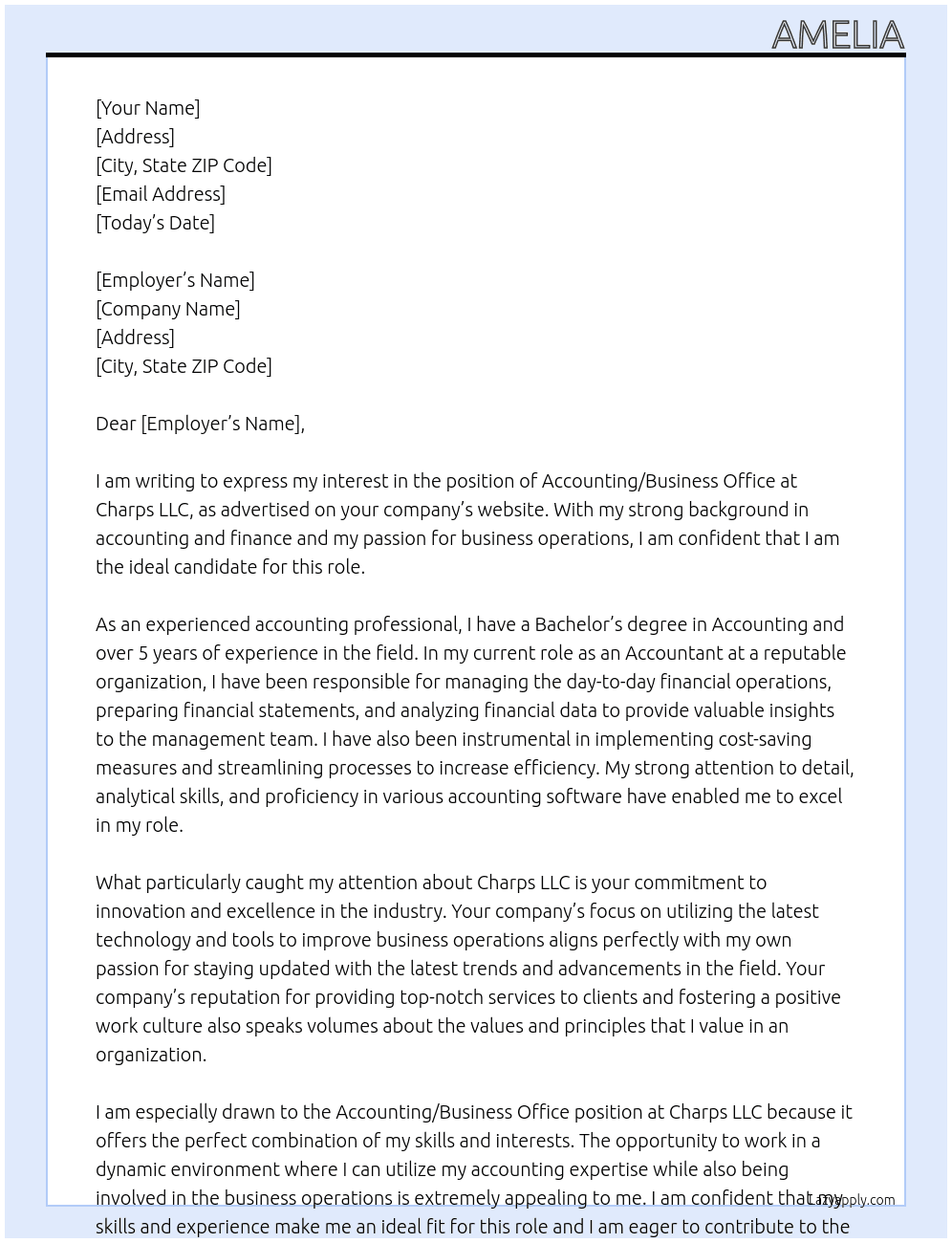 Accounting/Business Office At Charps LLC Cover Letter