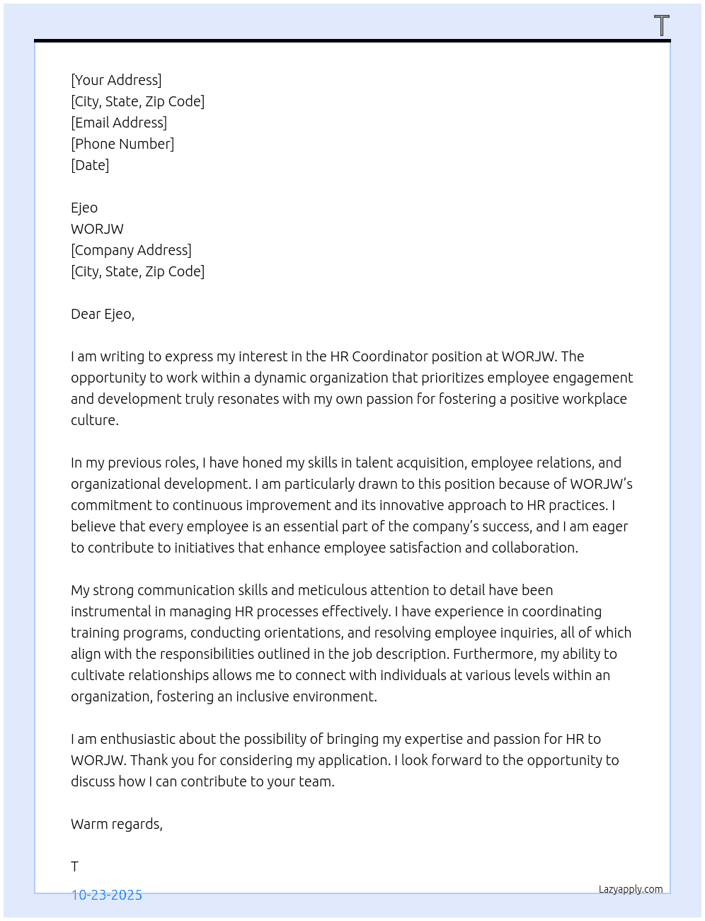 HR Coordinator At worjw Cover Letter