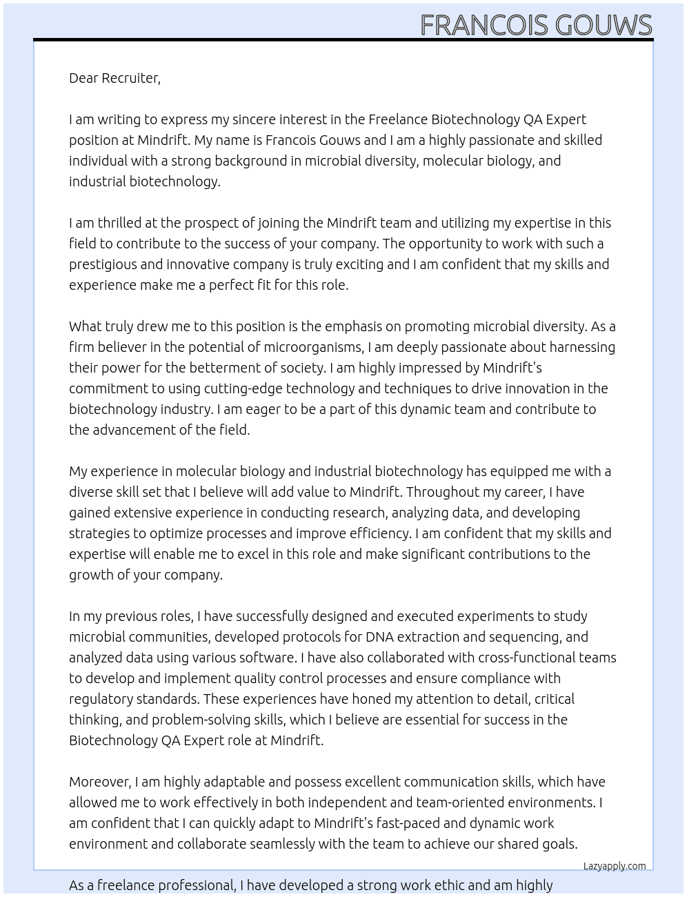 Biotechnology QA Expert At Mindrift Cover Letter