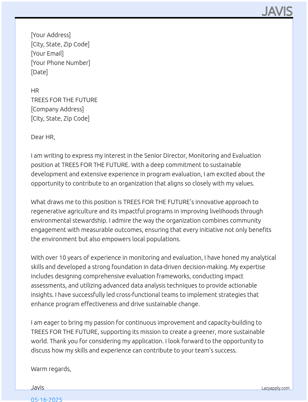Senior Director, Monitoring and Evaluation At TREES FOR THE FUTURE Cover Letter