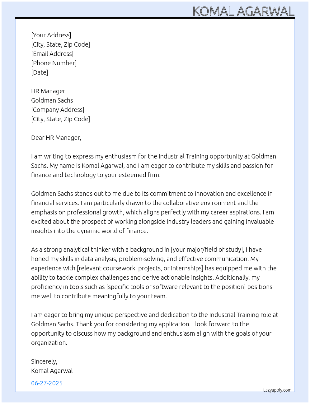 Industrial Training At Goldman Sachs Cover Letter