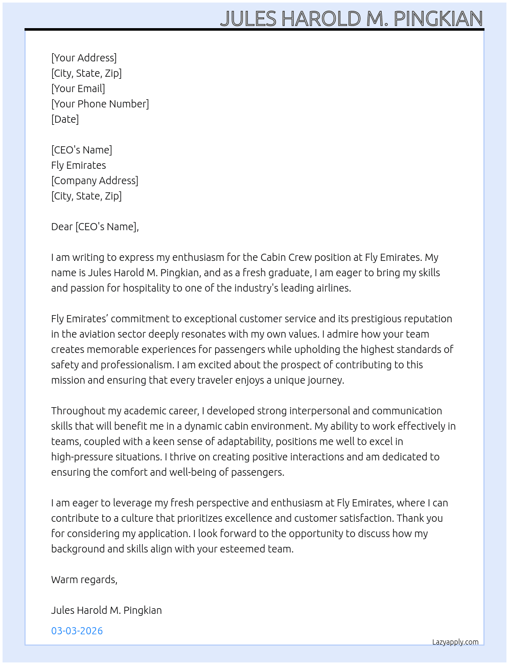 cabin crew At Fly Emirates Cover Letter