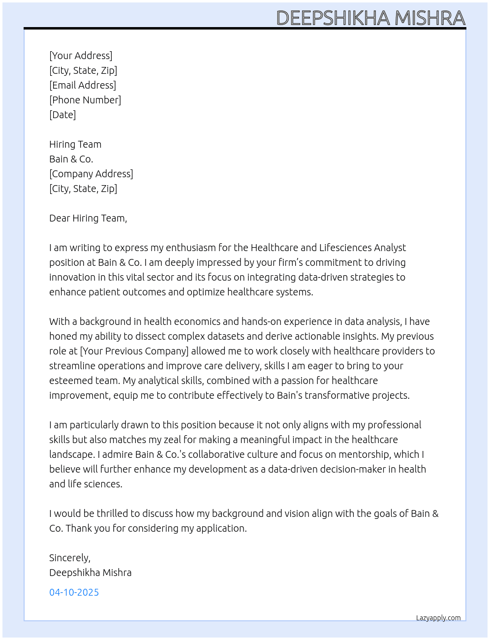 Healthare and Lifesciences Analyst At Bain & Co. Cover Letter