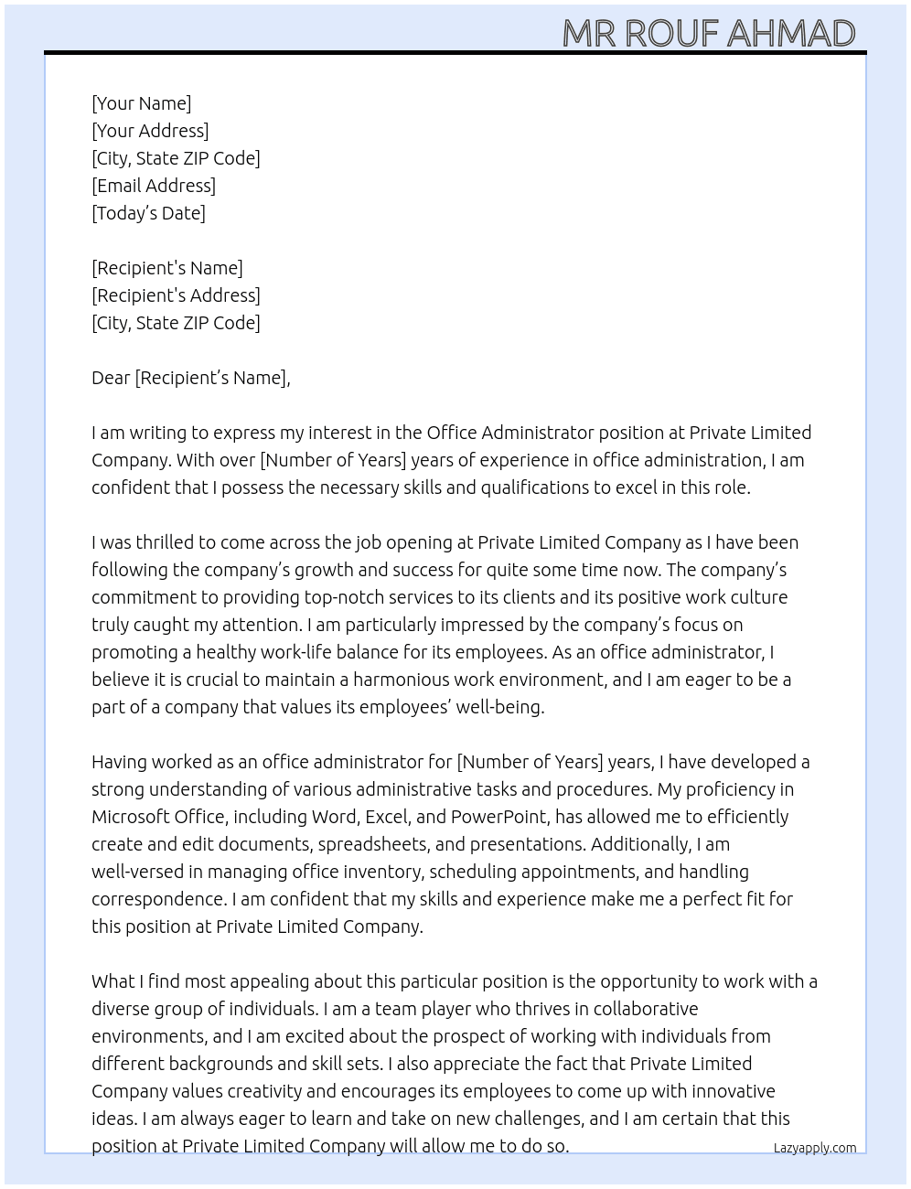 Office Administrator  At Private Limited Company  Cover Letter
