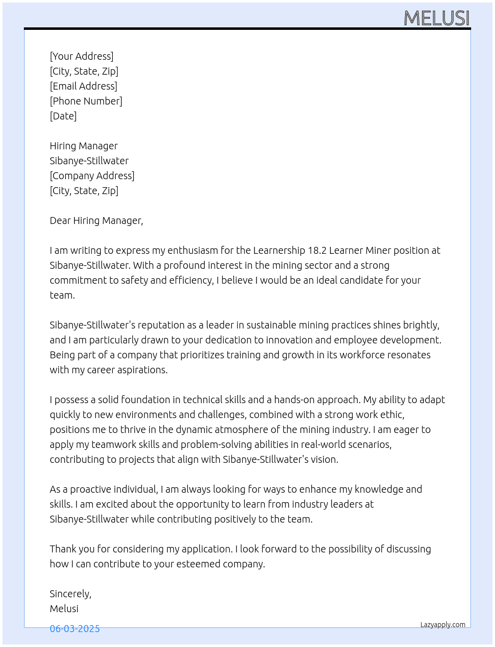 Learnership 18.2 learner miner At Sibanye-stillwater  Cover Letter