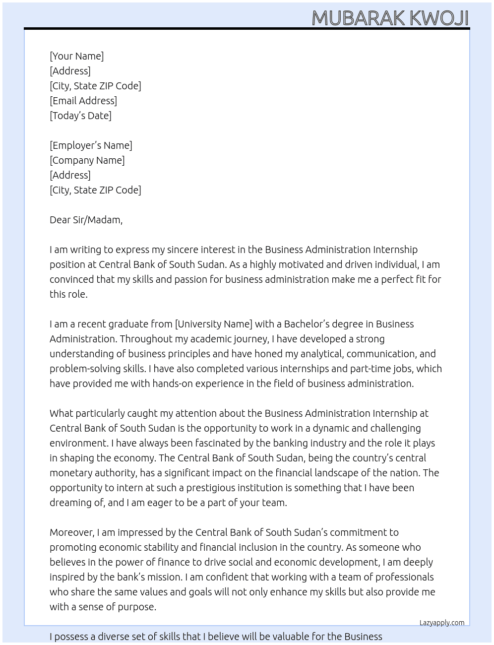 business administration internship At Central bank of south sudan Cover Letter