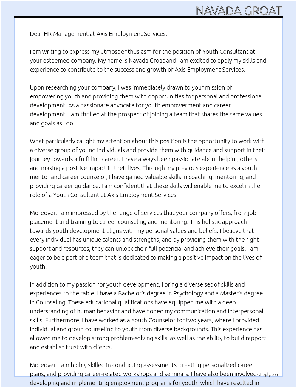 Youth consultant  At Axis employment services  Cover Letter