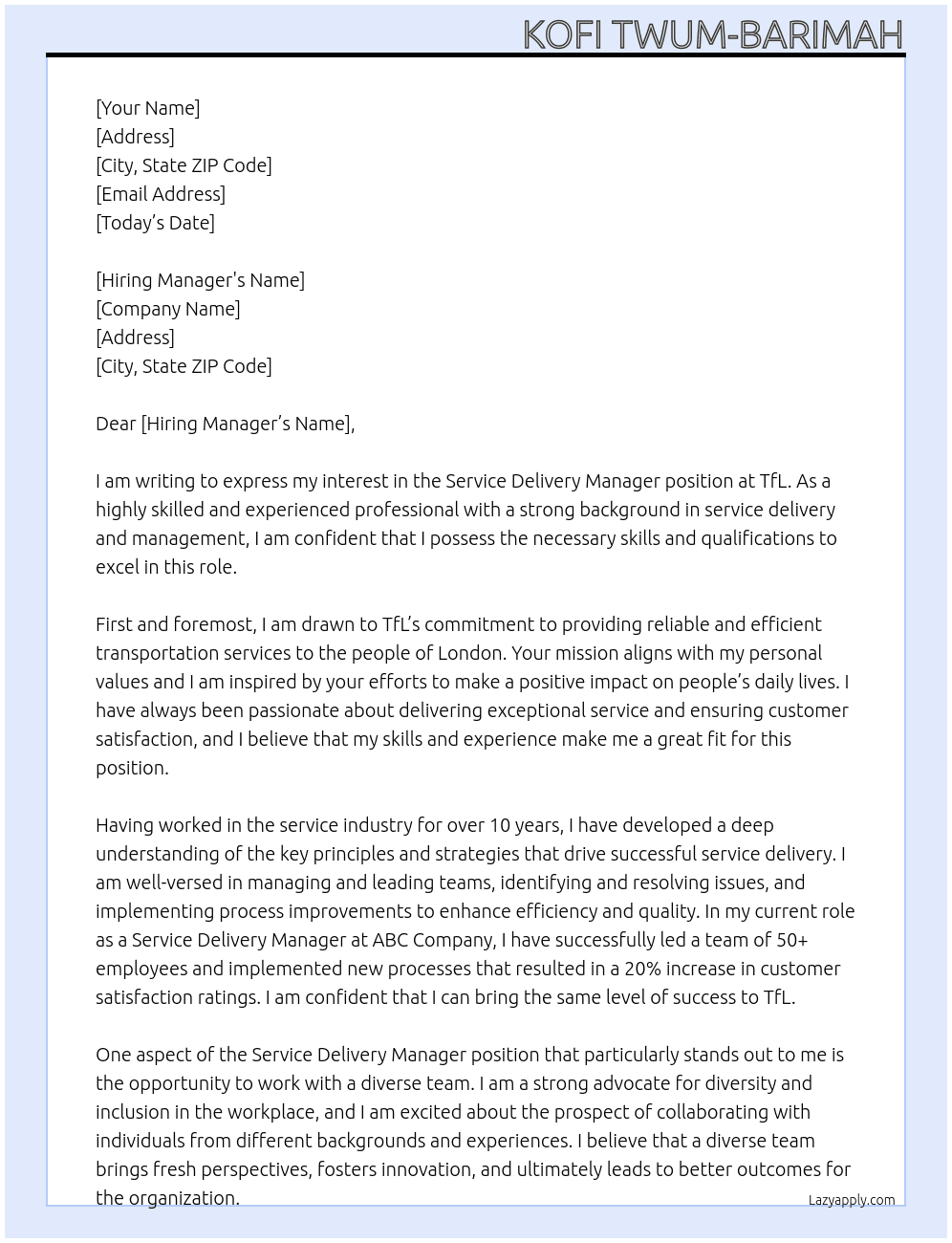  Service Delivery Manager At TfL Cover Letter