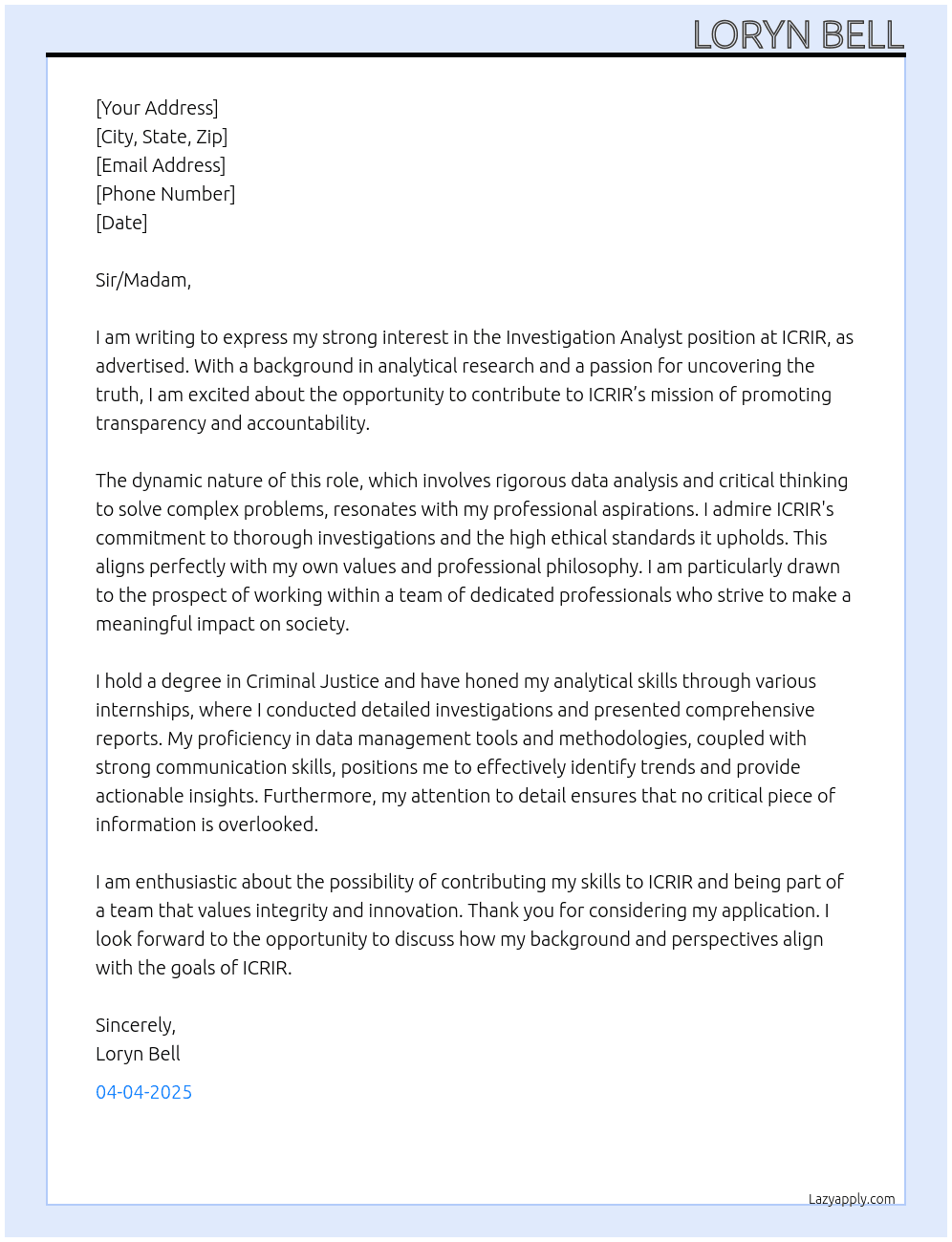 Investigation Analyst At ICRIR Cover Letter