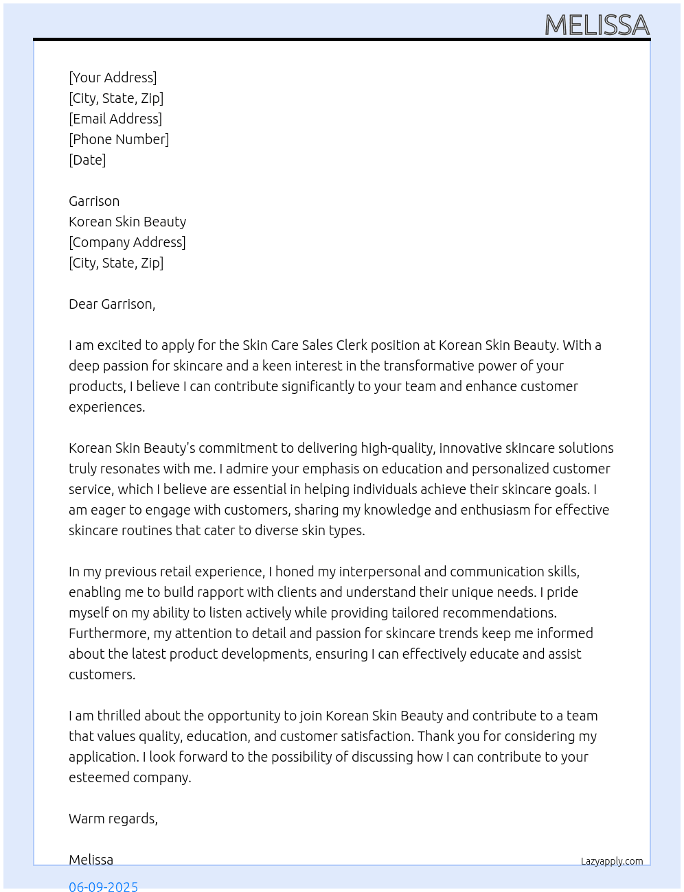 skin care sales clerk At Korean skin beauty Cover Letter