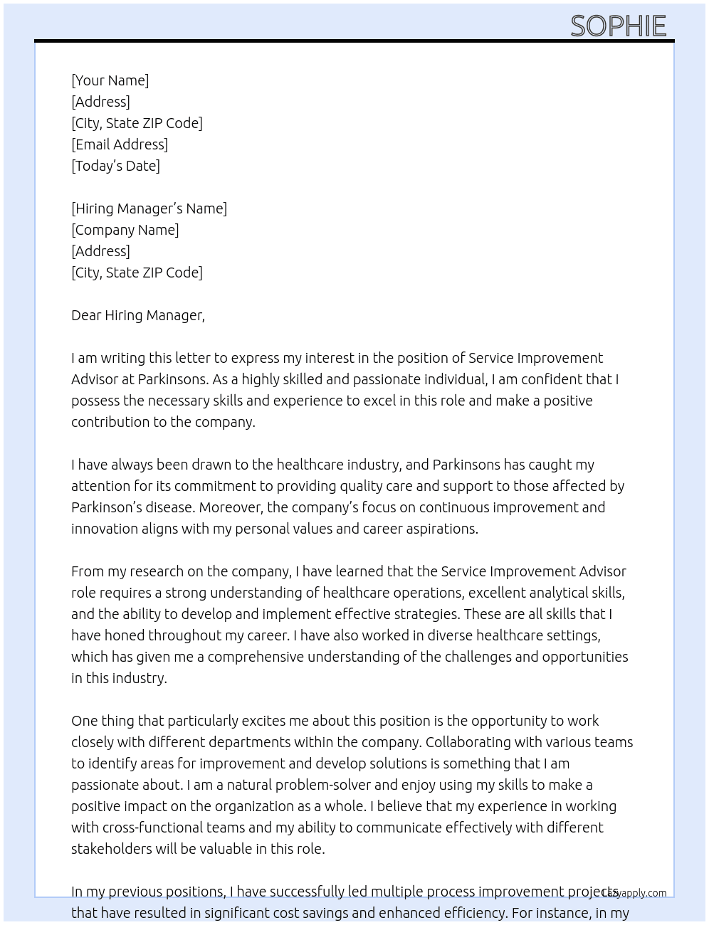 Service improvement advisor  At Parkinsons Cover Letter