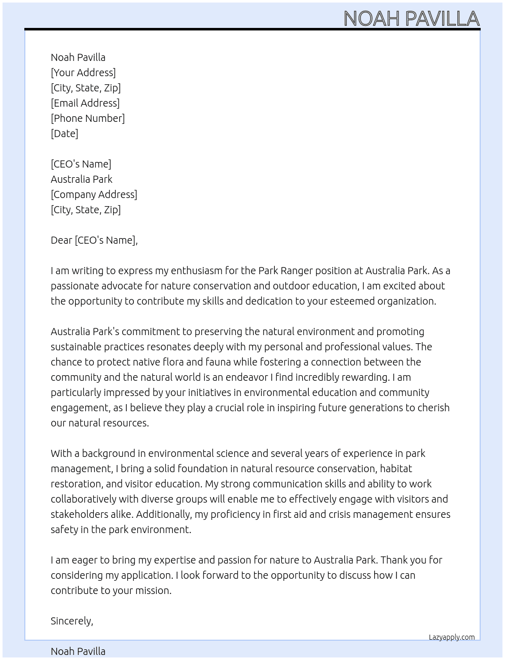 Park ranger At Australia Park Cover Letter