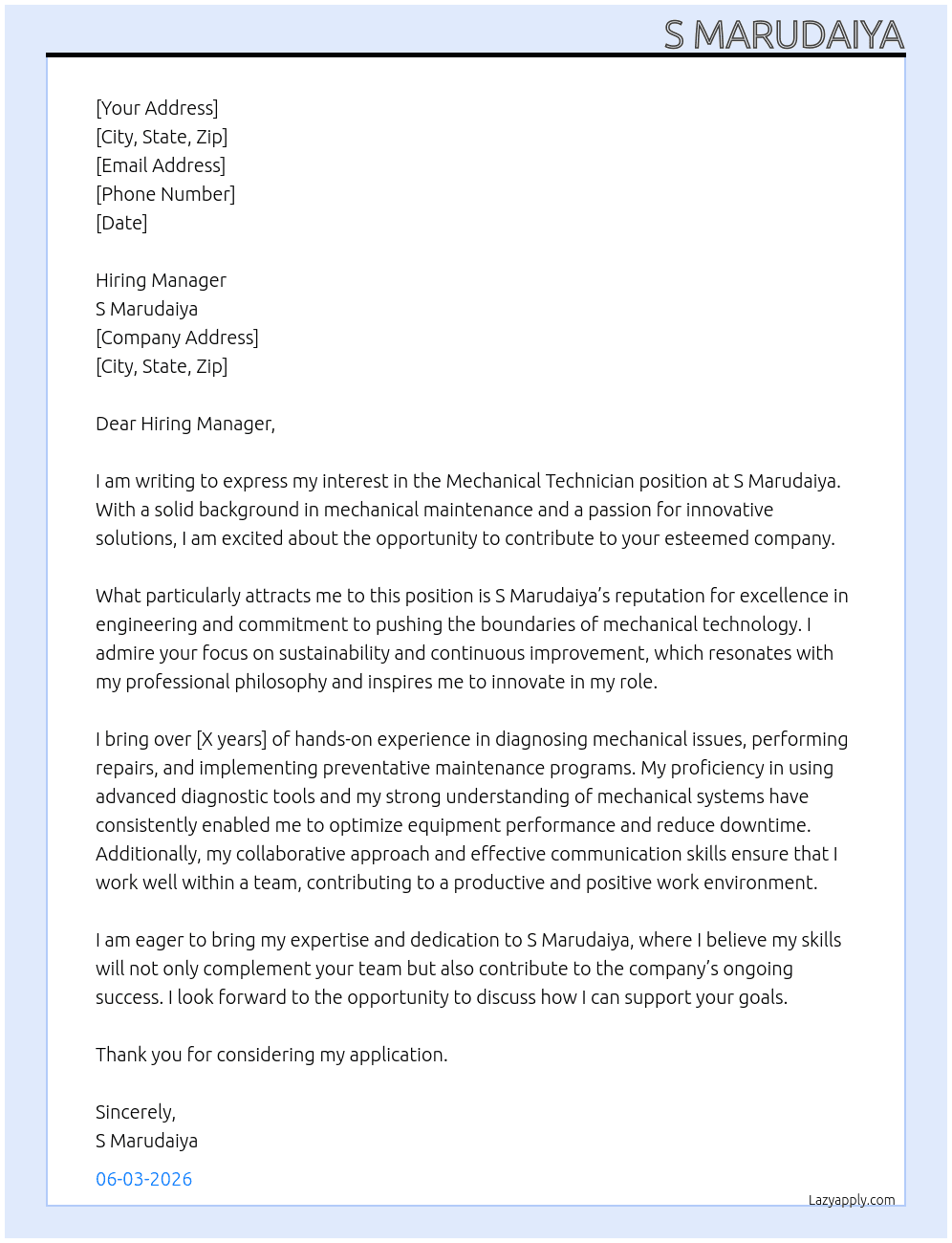 Cover letter for mechanical technician - LazyApply