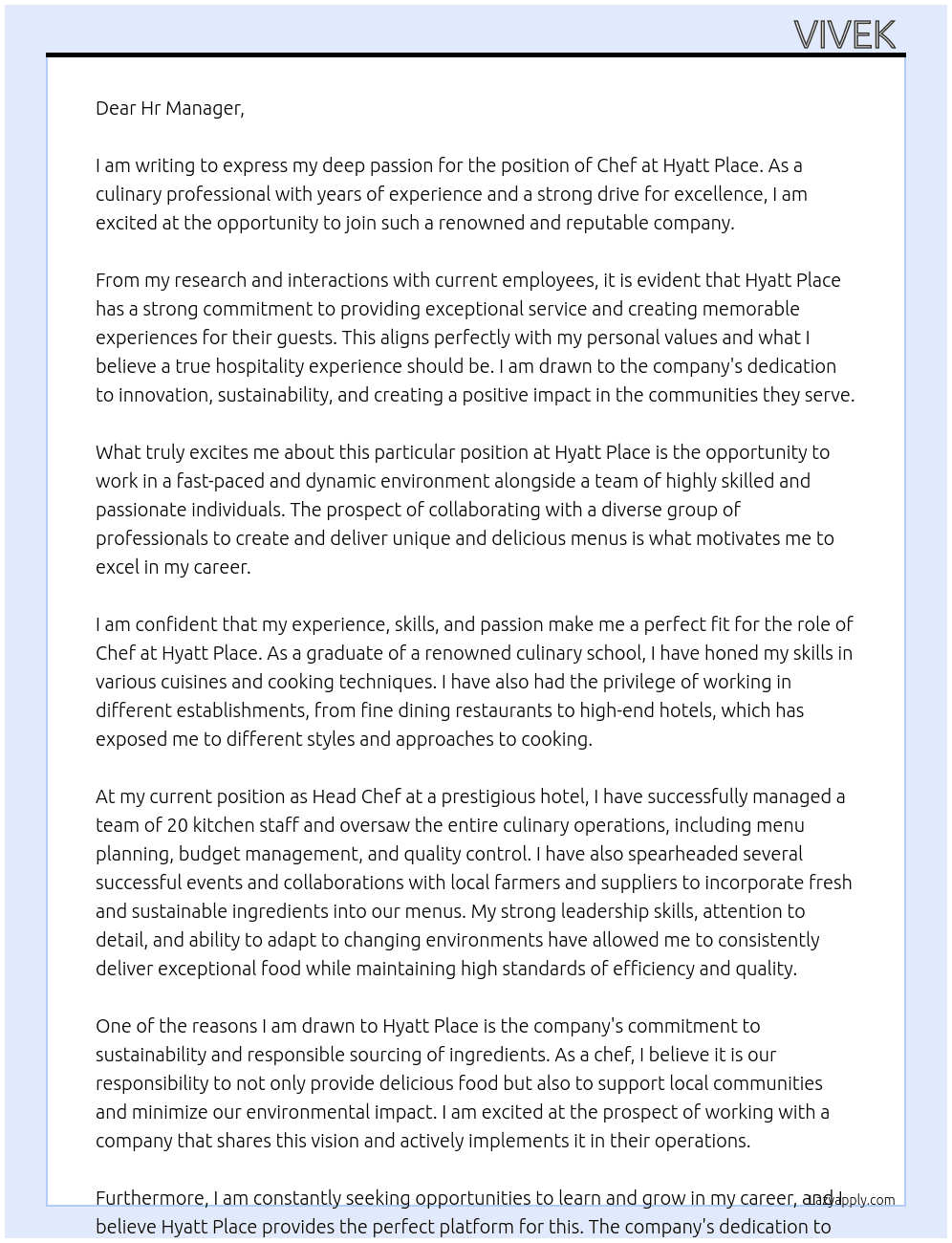Chef  At Hyatt place  Cover Letter