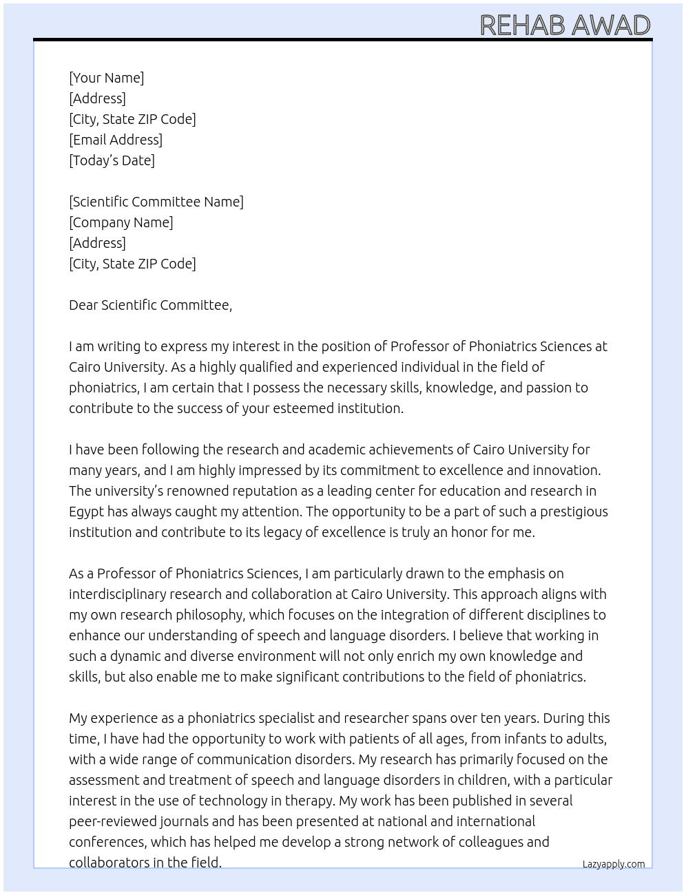 Professor of Phoniatrics Sciences At Cairo University Cover Letter