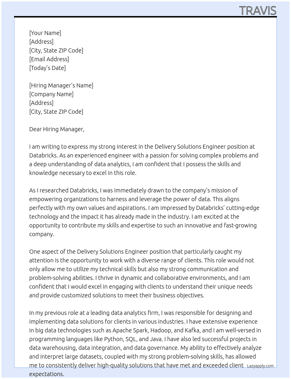 Cover letter for delivery solutions engineer - LazyApply