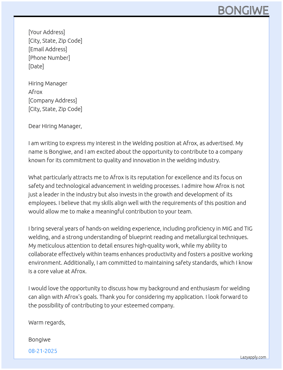 Welding  At Afrox Cover Letter