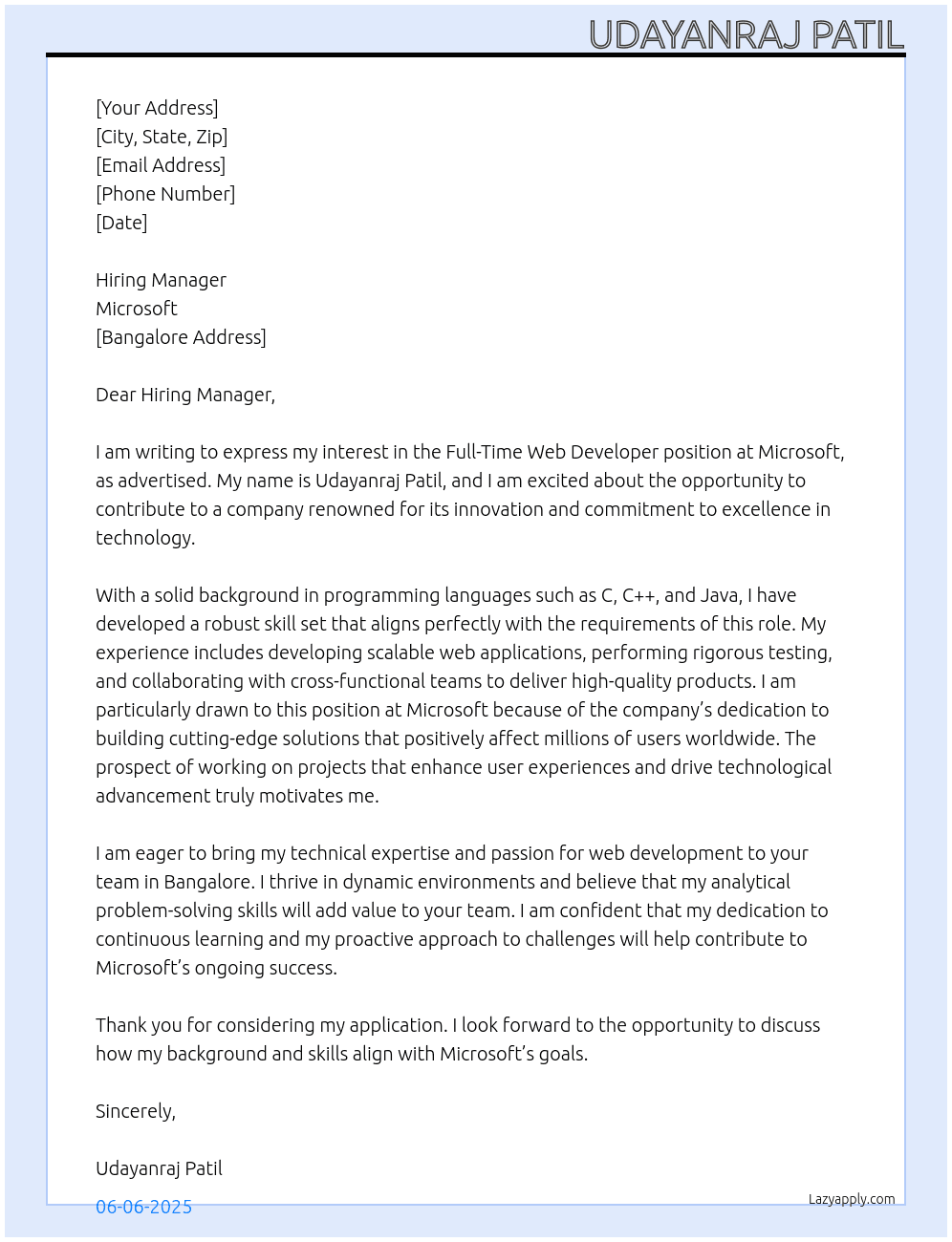 Cover letter for web devloper - LazyApply