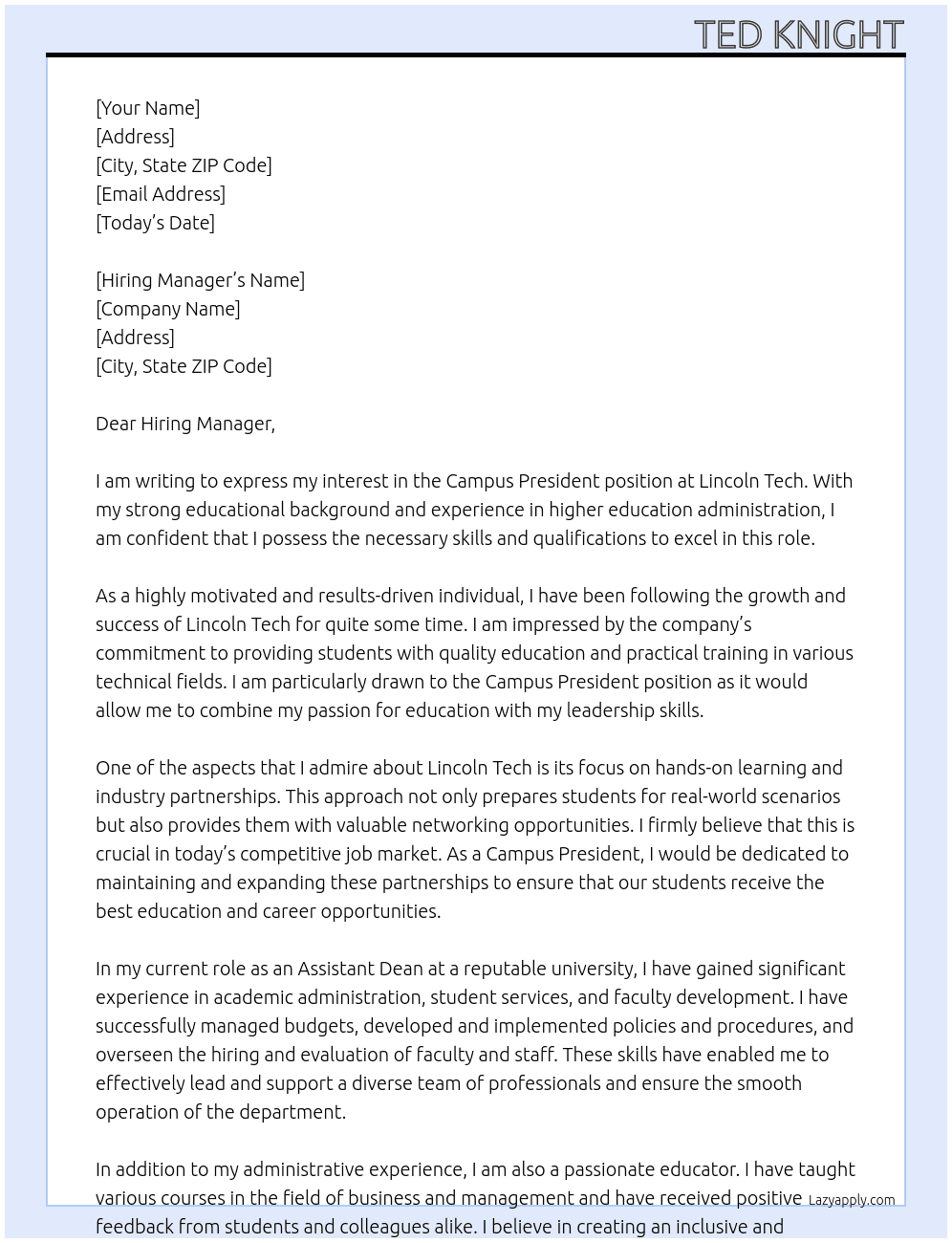 Campus President At Lincoln Tech Cover Letter