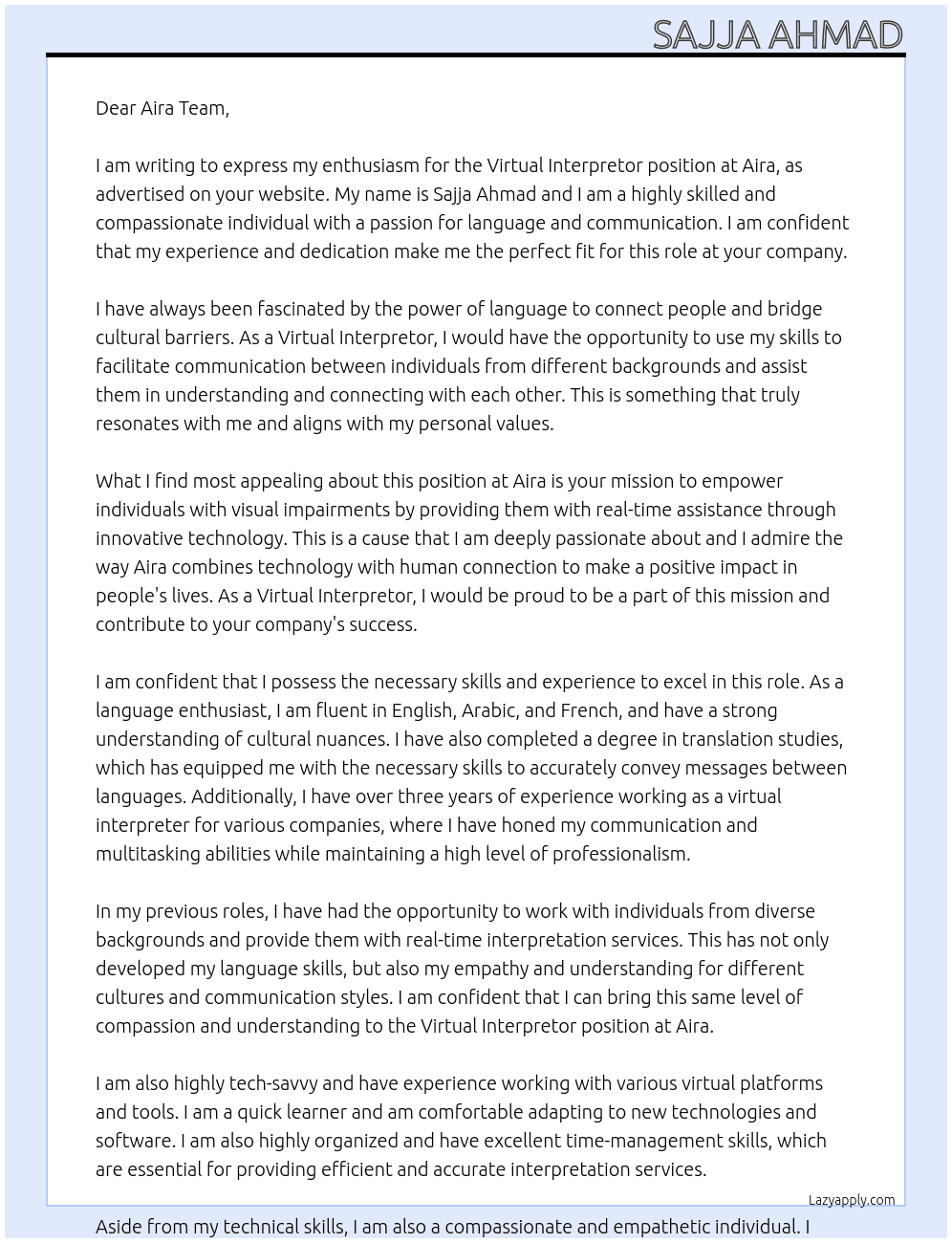 Cover letter for virtual interpretor - LazyApply