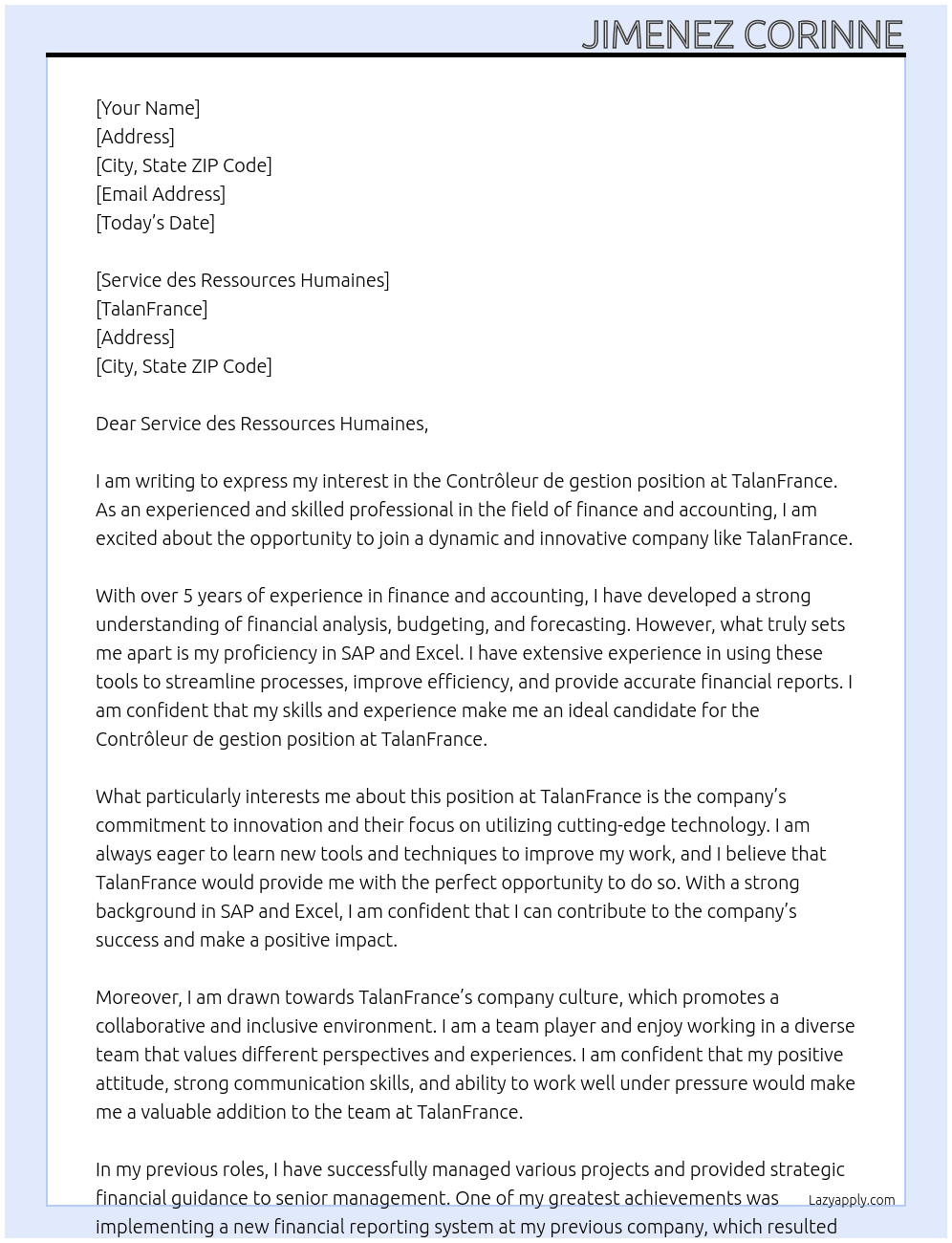 Contrôleur de gestion At TalanFrance Cover Letter