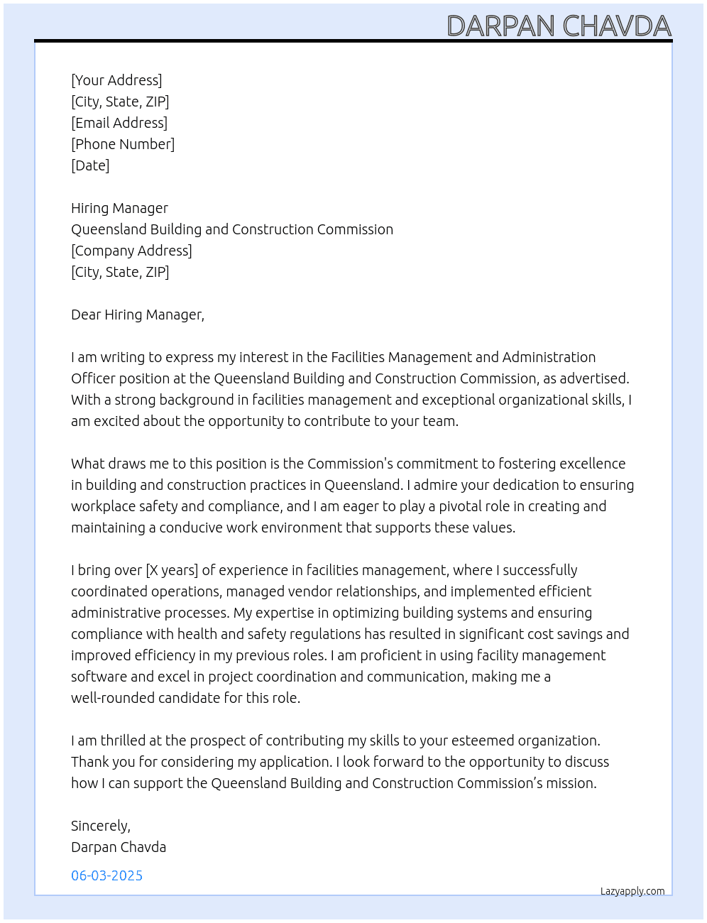 Cover letter for facilities management and administration officer - LazyApply