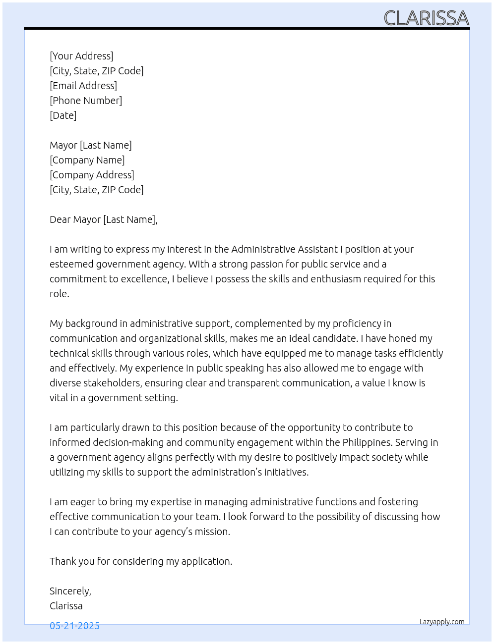 Administrative Assistant I At Government agency Cover Letter