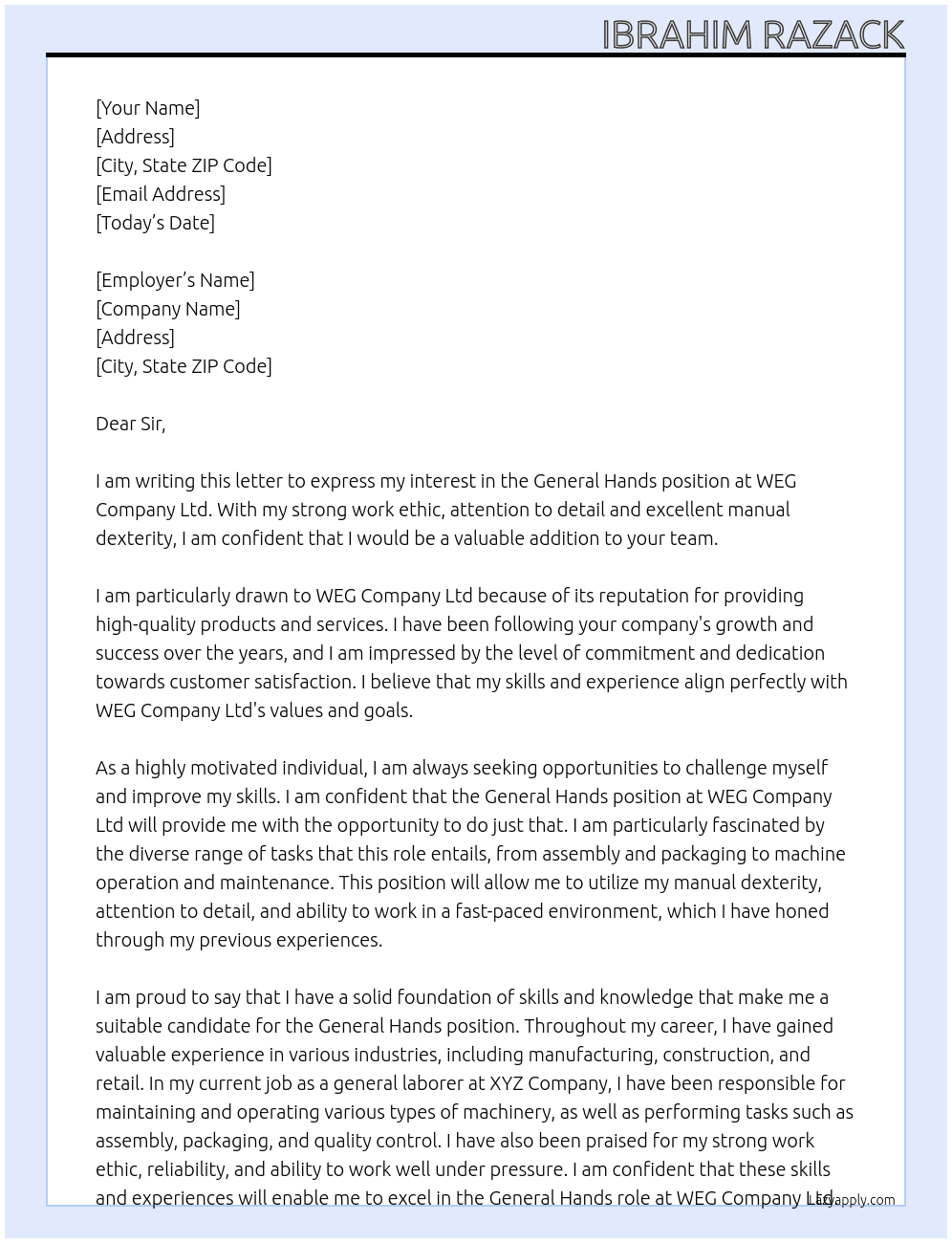general hands At WEG Company Ltd Cover Letter