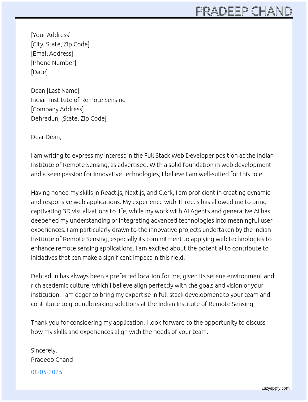 web development  At INDIAN INSTITUTE OF REMOTE SENSING Cover Letter
